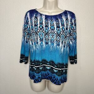 Chico’s Blue Geometric Design Rayon Top Shirt Size 1 Or Medium